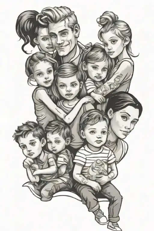 family of 5, 2 girls, one boy, clipart  tattoo design idea
