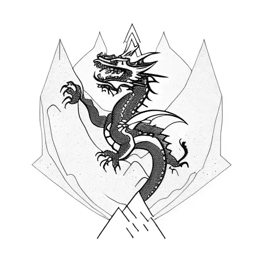 A dragon soaring over a mountain peak in a blackwork style tattoo design idea