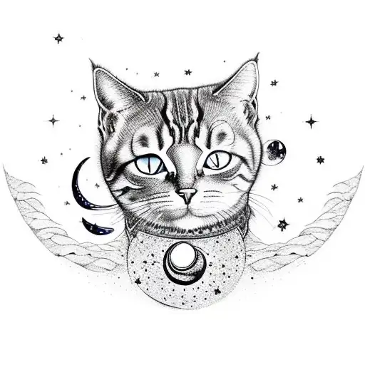 An intricate design of a cat sitting on a crescent moon, with stars and galaxies in the background, inspired by the client's favorite things in a sketch style tattoo design idea