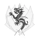 A dragon soaring over a mountain peak in a blackwork style tattoo design idea