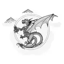 A dragon soaring over a mountain peak in a blackwork style tattoo design idea