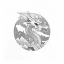 A dragon soaring over a mountain peak in a blackwork style tattoo design idea