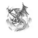 A dragon soaring over a mountain peak in a blackwork style tattoo design idea
