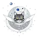 An intricate design of a cat sitting on a crescent moon, with stars and galaxies in the background, inspired by the client's favorite things in a sketch style tattoo design idea