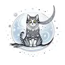 An intricate design of a cat sitting on a crescent moon, with stars and galaxies in the background, inspired by the client's favorite things in a sketch style tattoo design idea