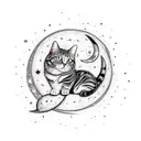 An intricate design of a cat sitting on a crescent moon, with stars and galaxies in the background, inspired by the client's favorite things in a sketch style tattoo design idea