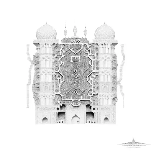 A stylized computer chip with intricate patterns inspired by Afghan architecture, blending the client's occupation and interest in Afghanistan history tattoo design idea