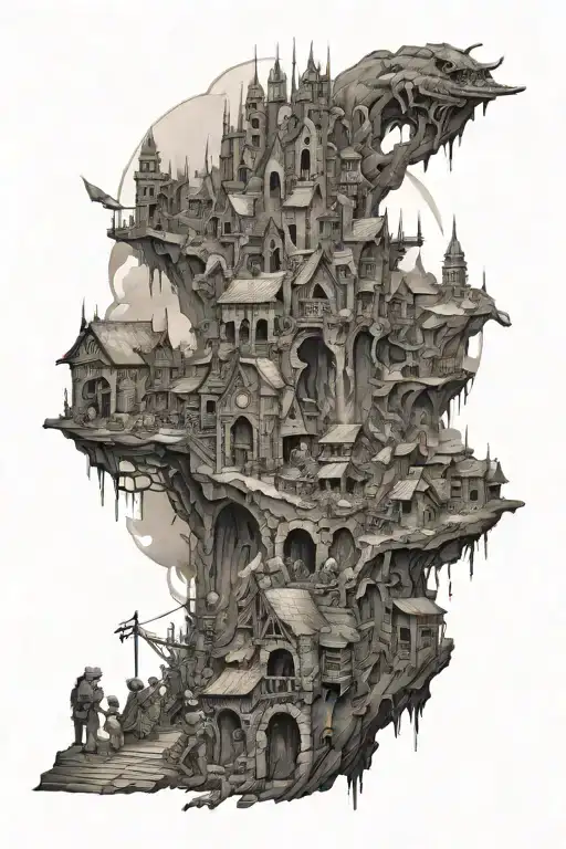 global war on terror town, with gates of Valhalla, demons, and soldiers tattoo design idea