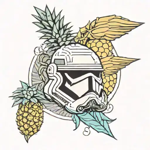  storm trooper and pineapple shaped spaceship traveling tattoo design idea