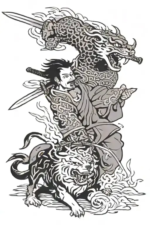 fudog, samerai, swords, fire, fight scene tattoo design idea