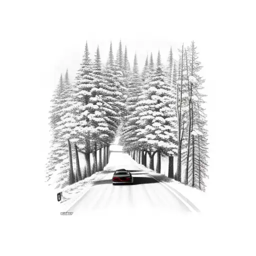   2 cars driving down a Mountain Road road in between trees tattoo design idea