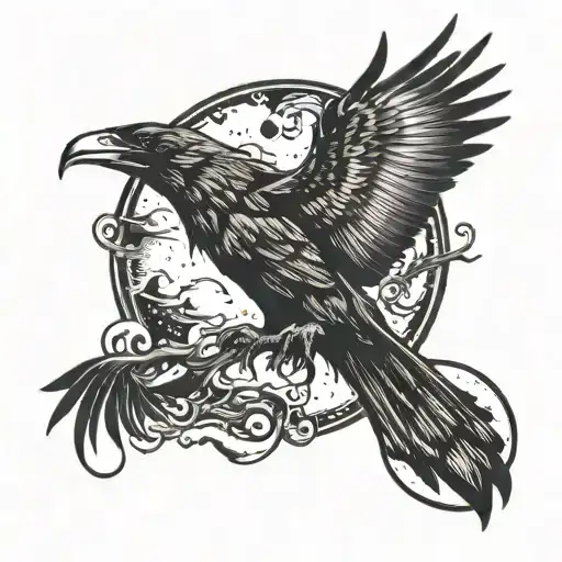 gloving moon and raven flying tattoo design idea