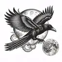 gloving moon and raven flying tattoo design idea