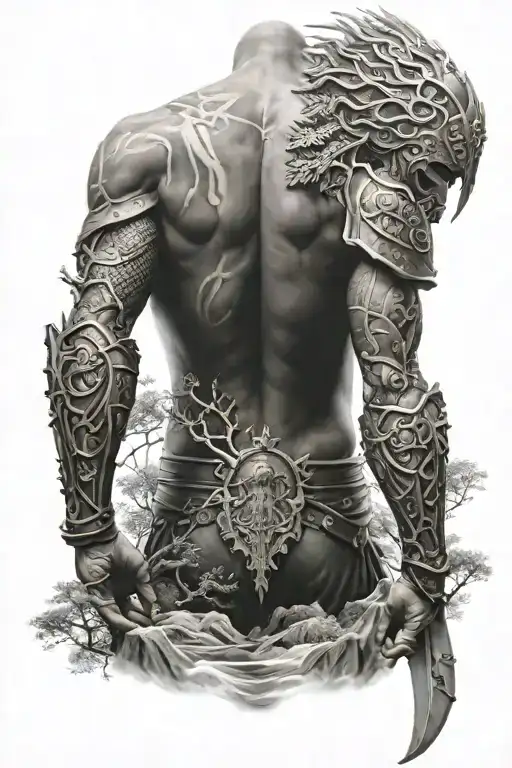 St Michael battle armor mountains trees River full sleeve tattoo design idea