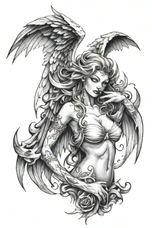 sexy woman angel half demon tattoo design idea