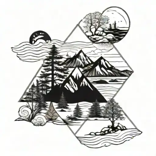 individual nature scenes inside shapes: mountains, beach, Forest, frozen lake tattoo design idea