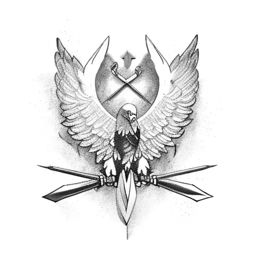 A bow and arrow set with eagle wings shaping the bow intricate details tattoo design idea