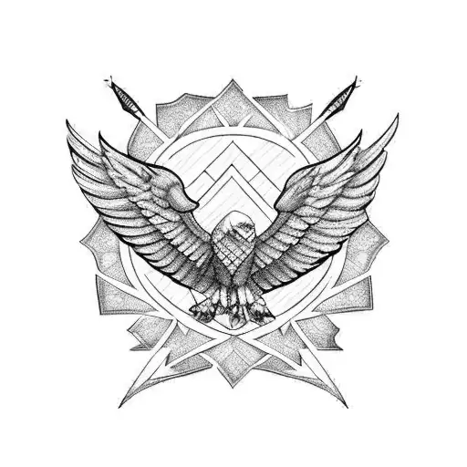 A bow and arrow set with eagle wings shaping the bow intricate details tattoo design idea