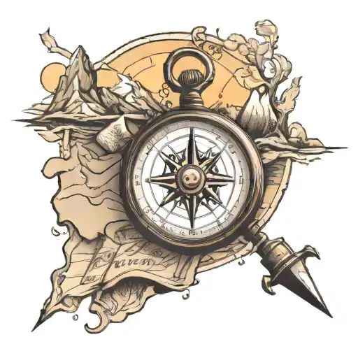 hiking compass over old map leading to alpine mountains with setting sun in background tattoo design idea
