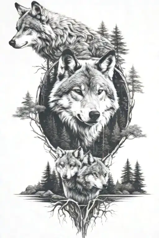 big wolfhead and a forest landscape with a wolf wandering with two cubs tattoo design idea