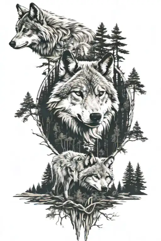 big wolfhead and a forest landscape with a wolf wandering with two cubs tattoo design idea