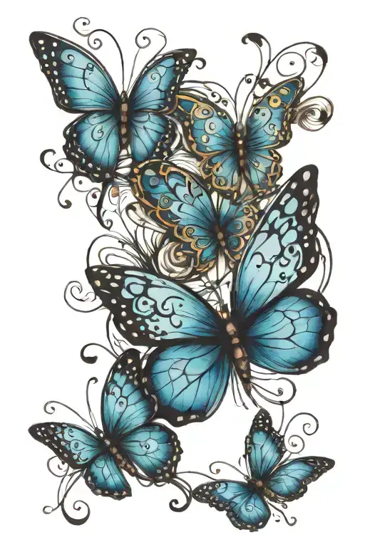 two blue butterflies, one larger than the other that are made with music notes tattoo design idea