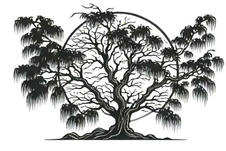 weeping willow tree with moon rising tattoo design idea