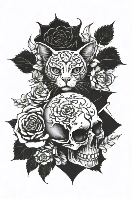 skull rose cat jing jang symbol transformed tattoo design idea