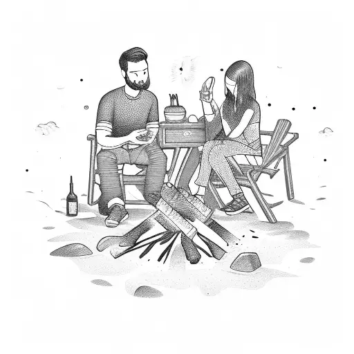 A group of friends and family sitting around a campfire, passing a joint tattoo design idea