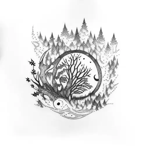 A mystical forest filled with fireflies and a wolf howling at the moon tattoo design idea