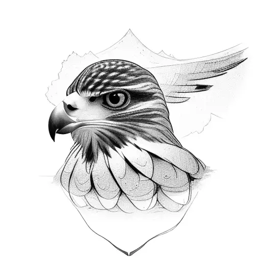 A majestic pilgrim-falcon perched on the shoulder of a man, representing the qualities of leadership and empathy. tattoo design idea
