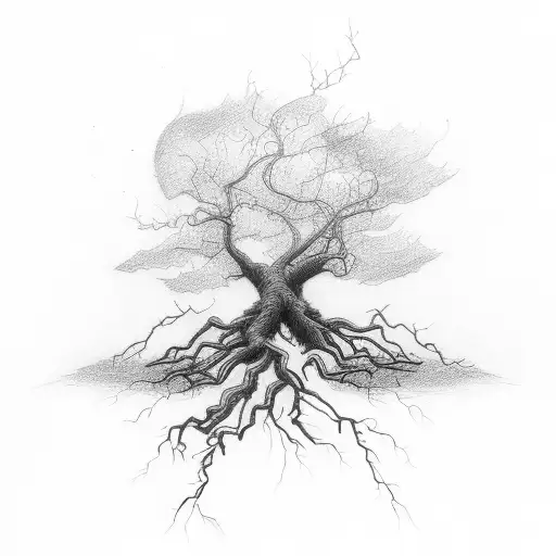 lightning striking a tree and penetrating roots tattoo design idea