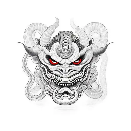 oni mask with a snake wrapping through its mouth with the head appearing on top. tattoo design idea