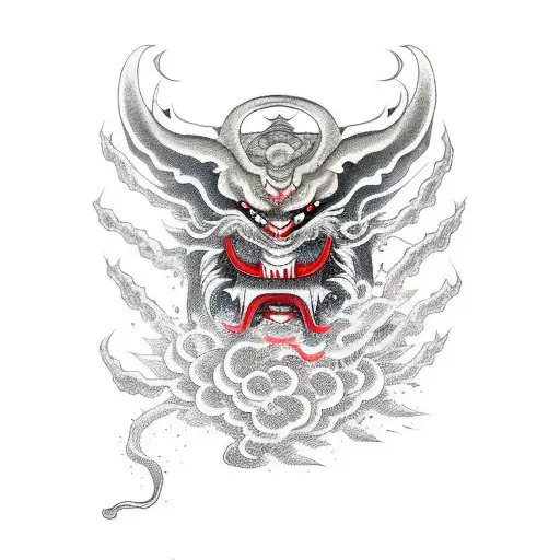 Japanese demon with a smoke wrapping around it going through it's mouth tattoo design idea
