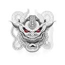 oni mask with a snake wrapping through its mouth with the head appearing on top. tattoo design idea