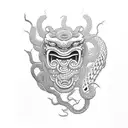 oni mask with a snake wrapping through its mouth with the head appearing on top. tattoo design idea