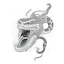 oni mask with a snake wrapping through its mouth with the head appearing on top. tattoo design idea