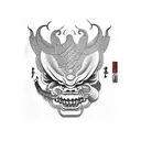 oni mask with a snake wrapping through its mouth with the head appearing on top. tattoo design idea
