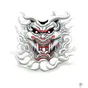 Japanese demon with a smoke wrapping around it going through it's mouth tattoo design idea