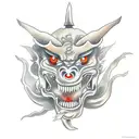 Japanese demon with a smoke wrapping around it going through it's mouth tattoo design idea