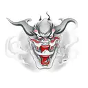 Japanese demon with a smoke wrapping around it going through it's mouth tattoo design idea
