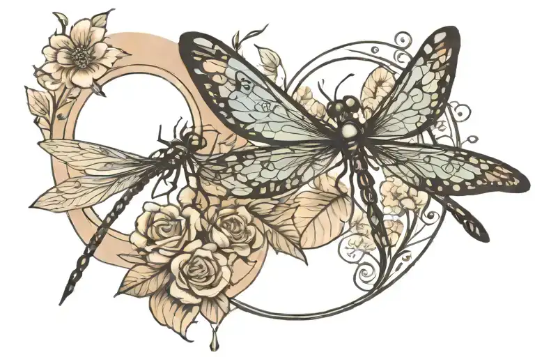 couple tattoo a simple circle with wedding date and a dragonfly  tattoo design idea