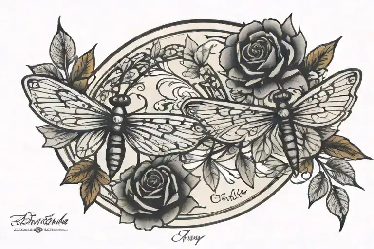 couple tattoos circle shape with wedding date and a dtagonfly tattoo design idea