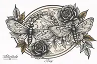 couple tattoos circle shape with wedding date and a dtagonfly tattoo design idea