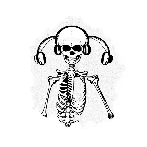 skeleton with headphones on listening to record player  tattoo design idea