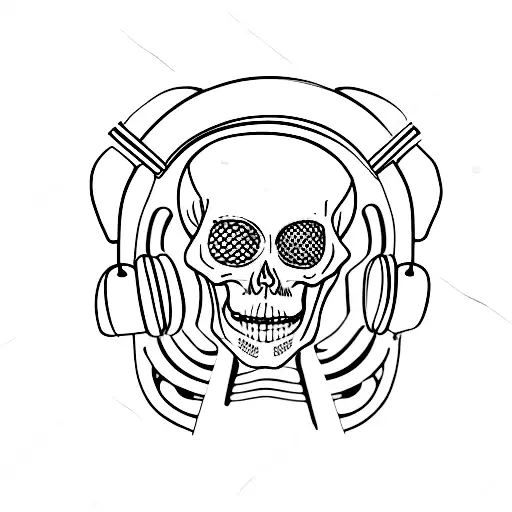 skeleton with headphones on listening to record player  tattoo design idea