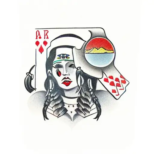 n indigenous woman with a beer bottle and deck of cards tattoo design idea