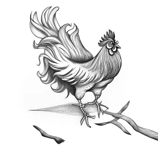 A rooster swinging from a tree branch, rendered in blackwork style tattoo design idea