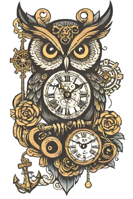 owl, anchor, clock   tattoo design idea