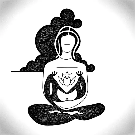 Girl sitting in lotus pose with dog on her side and head on her shoulder with ohana tortoise inside her belly  tattoo design idea